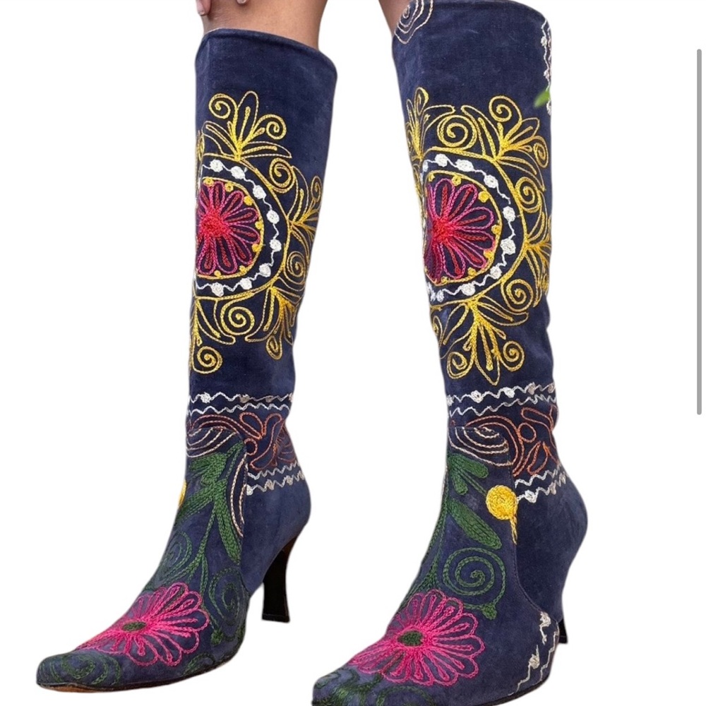 TURKISH 60s NAVY BOHO  western🪬 heeled embroidered BOOTS
